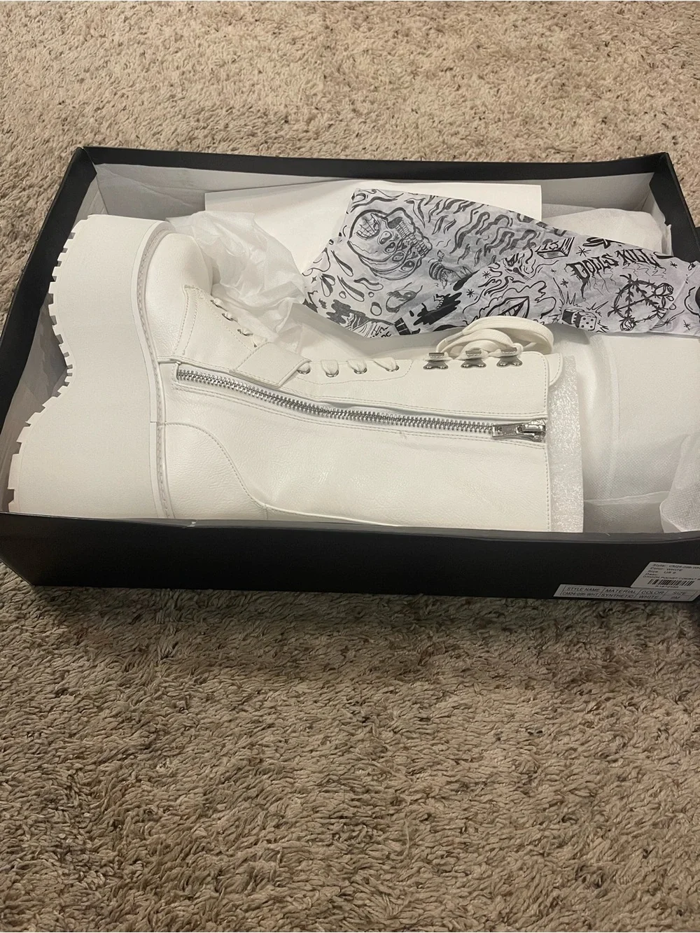 White Platform Lace-Up Zip Combat Boots with Buckle Strap